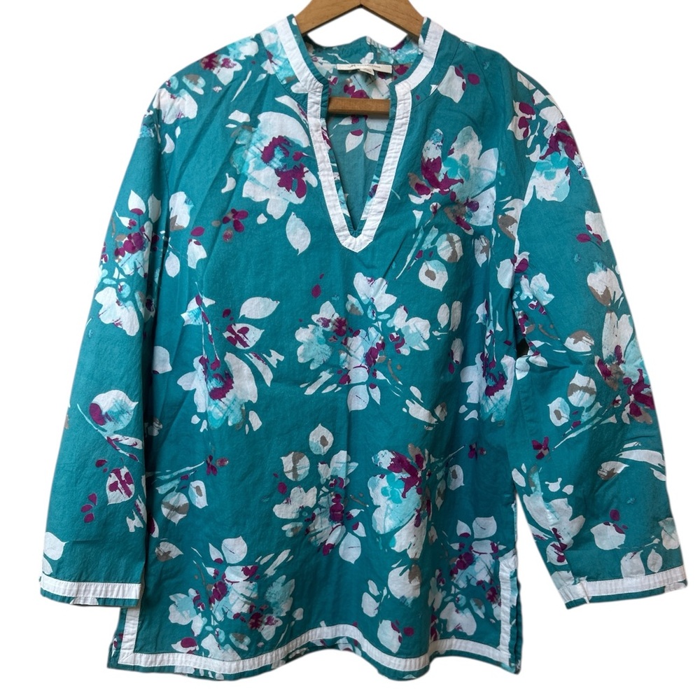 🍪 JM Collection Floral Teal Cotton Tunic Top 16